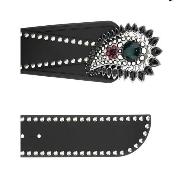 ISABEL MARANT Aliette Black Studded Leather Belt with Stone Accents NEW - 75cm - Picture 5 of 9